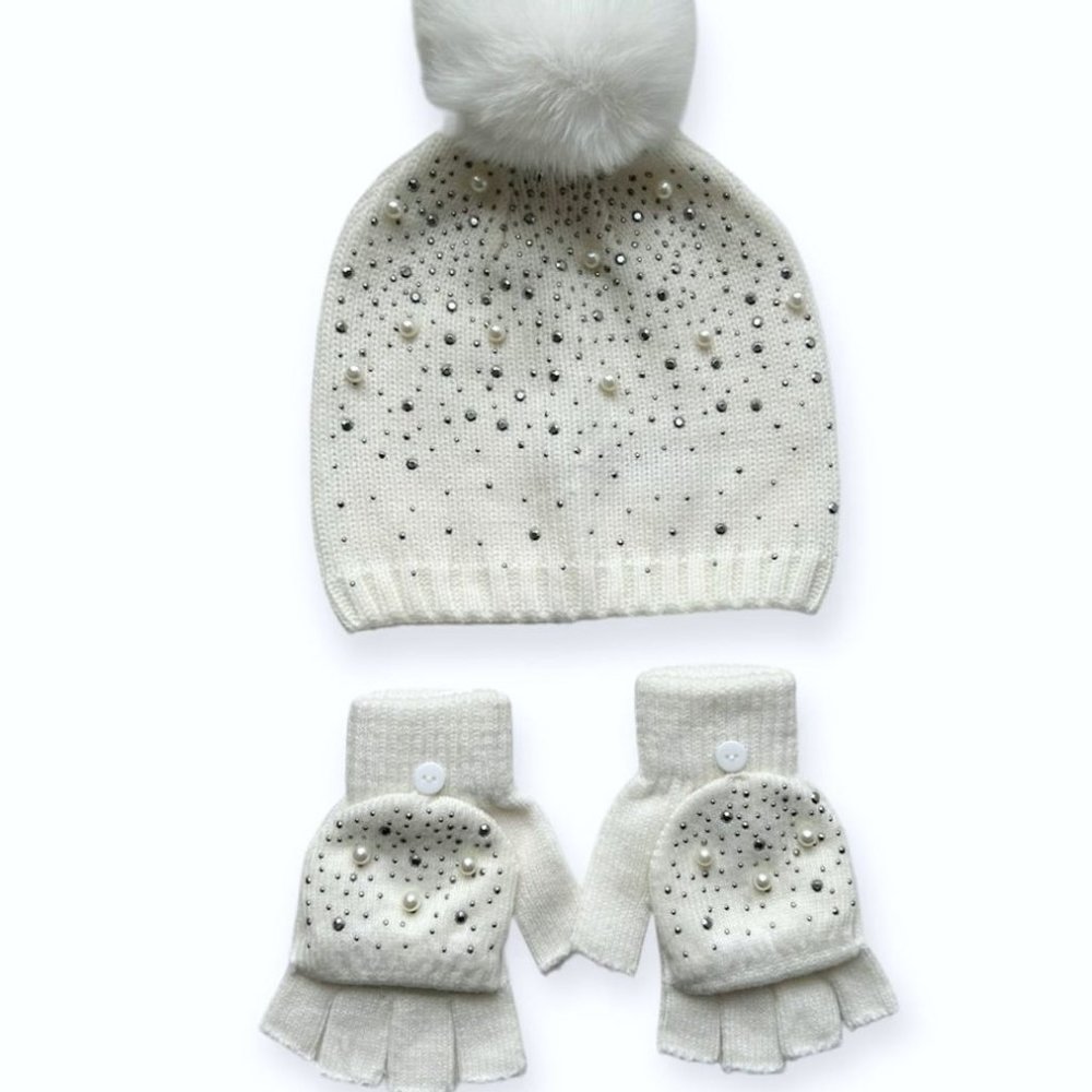 Women White Pom-pom Hat & Fingerless Gloves Set with Rhinestone and Pearl